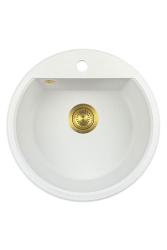 GraniteMy Bremenin pyöreä graniittiallas 43 cm valkoinen päälle- ja alapuolinen asennus hanareiällä ja kultaisella tulppa 1208971219