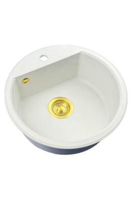GraniteMy Bremenin pyöreä graniittiallas 43 cm valkoinen päälle- ja alapuolinen asennus hanareiällä ja kultaisella tulppa 1208971219