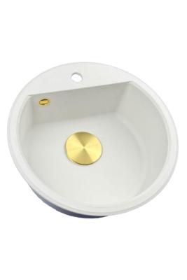 GraniteMy Bremenin pyöreä graniittiallas 43 cm valkoinen päälle- ja alapuolinen asennus hanareiällä ja kultaisella tulppa 1208971219