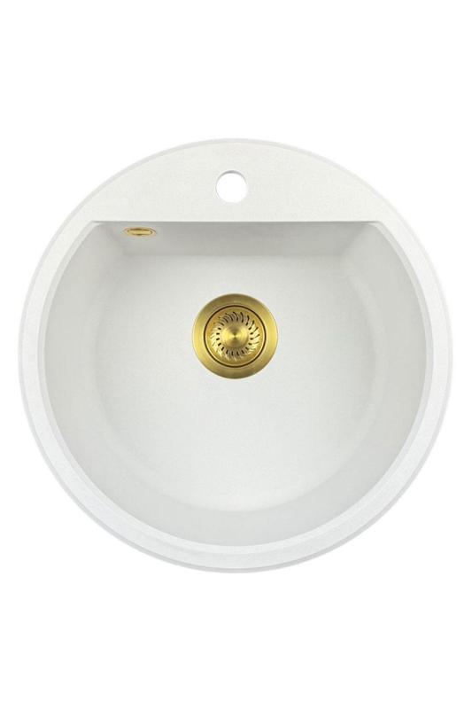 GraniteMy Bremen round granite sink 43 cm white surface and undermount with tap hole bench with gold plug 1208971219