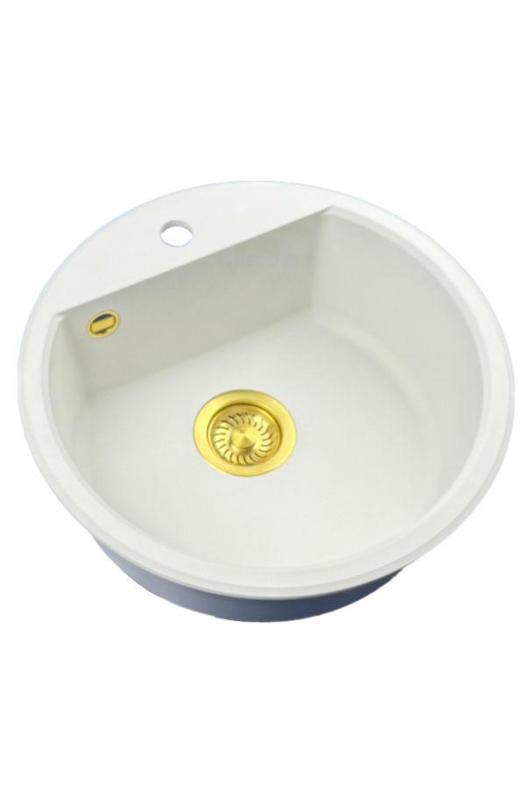 GraniteMy Bremen round granite sink 43 cm white surface and undermount with tap hole bench with gold plug 1208971219