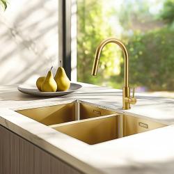Pure.Sink Prestige Kaksinkertainen Kultainen tiskiallas 70x40 cm 10mm säde ala-asennus, tasotaso ja päälle asennus PPG343440-60
