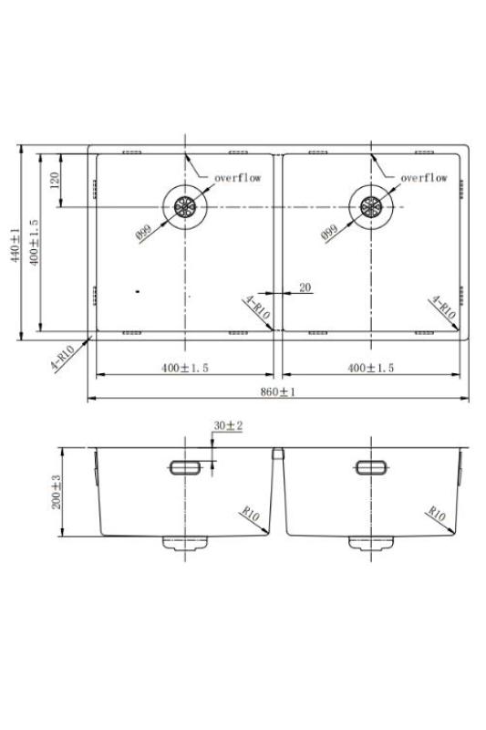 Pure.Sink Prestige Kaksoisteräksinen pesuallas 82x40 cm 10mm säde alapuolella, tasorakenteessa ja päällirakenteessa PPG404040-02