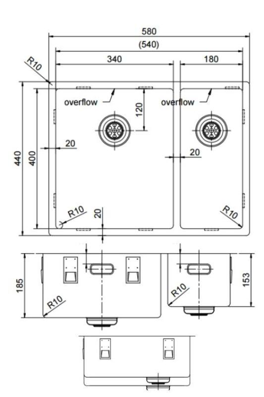 Pure.Sink Exclusivo Golden 1.5 one and a half bowl sink 34+18 cm 10mm radius PEX341840-60
