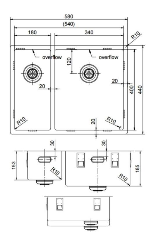 Pure.Sink Exclusivo Gold 1.5 one-and-a-half bowl sink 18+34 cm 10mm radius PEX183440-60