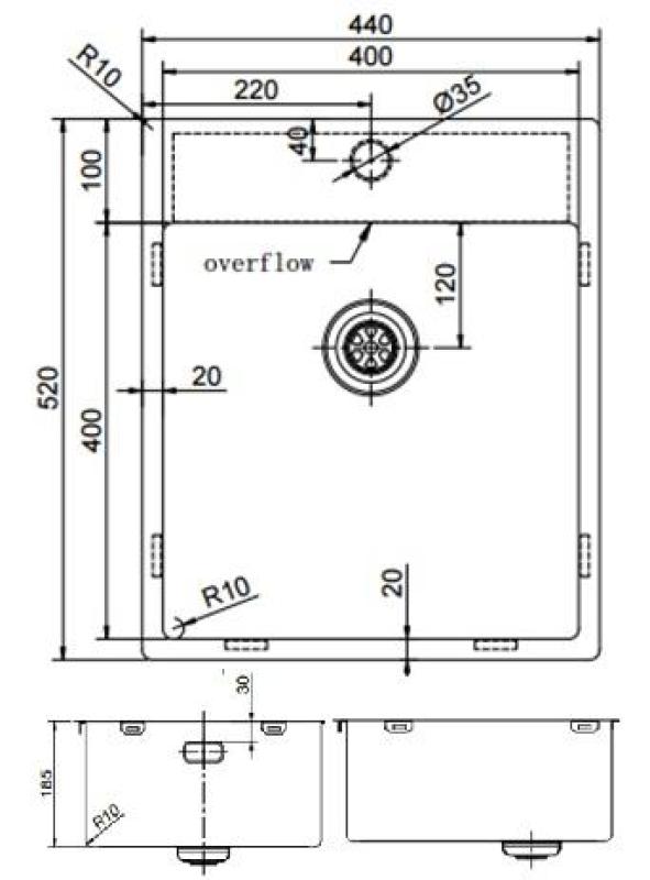 Pure.Sink Exclusivo Gold Sink 44x52 cm Tapwing with faucet hole bench 10mm radius PEX4040T-60