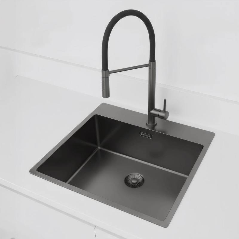 Pure.Sink Exclusivo Gun Metal sink 54x52 cm Tapwing with faucet hole bank 10mm radius PEX5040T-61