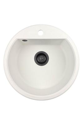 GraniteMy Bremen pyöreä graniittiallas 43 cm valkoinen päälle- ja alapuolinen rakentaminen hana-aukolla ja mustalla tulppalla 1208971312