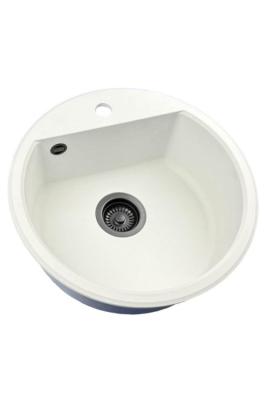 GraniteMy Bremen pyöreä graniittiallas 43 cm valkoinen päälle- ja alapuolinen rakentaminen hana-aukolla ja mustalla tulppalla 1208971312