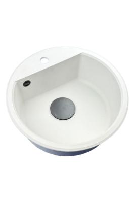 GraniteMy Bremen pyöreä graniittiallas 43 cm valkoinen päälle- ja alapuolinen rakentaminen hana-aukolla ja mustalla tulppalla 1208971312