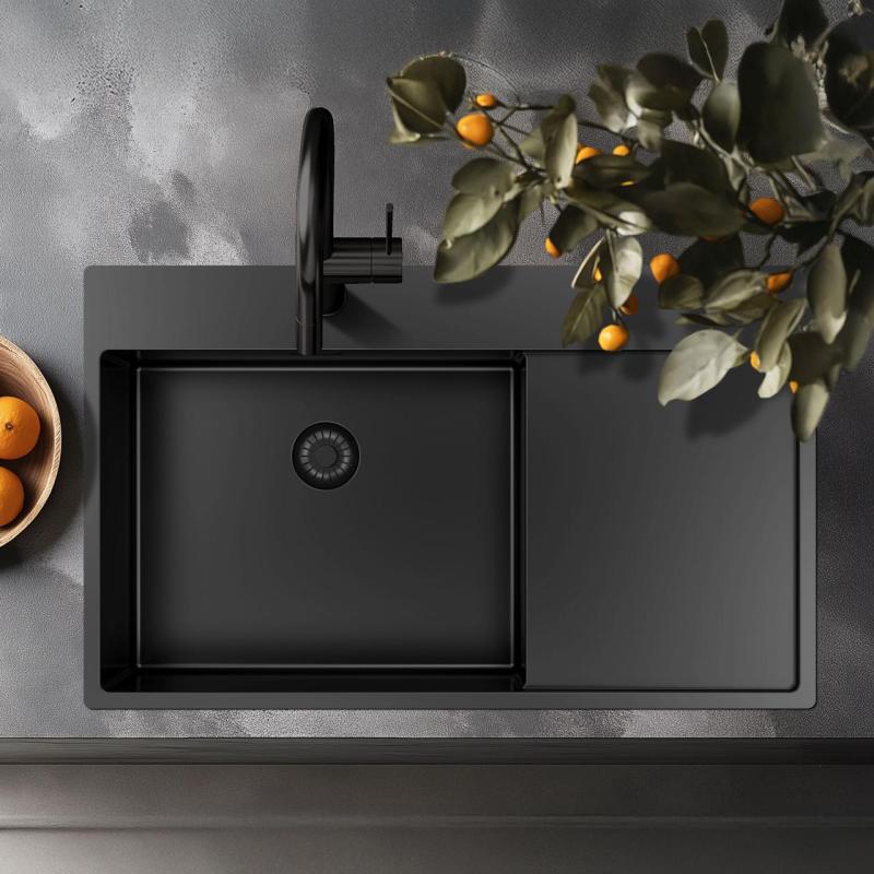 Pure.Sink Exclusivo Gun Metal sink with draining area 86x52 cm Tapwing left PEX5086LT-61