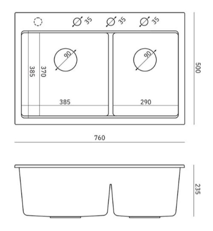 Quadri Hard Rock Double White Granite Built-in Sink 76 x 50 cm with Copper Plug and Accessories 1208971357