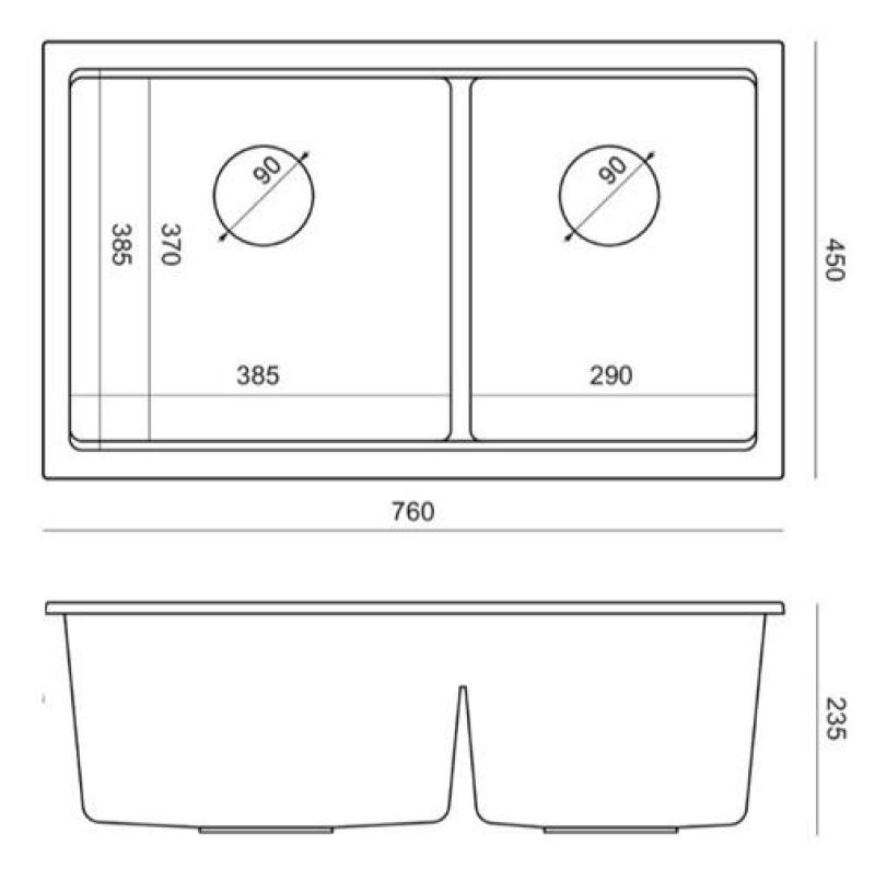 Quadri Newport II Kahden Mustan Graniitin Päällekkäinen Tiskiallas 76x45 cm Kuparitulpalla 1208971361