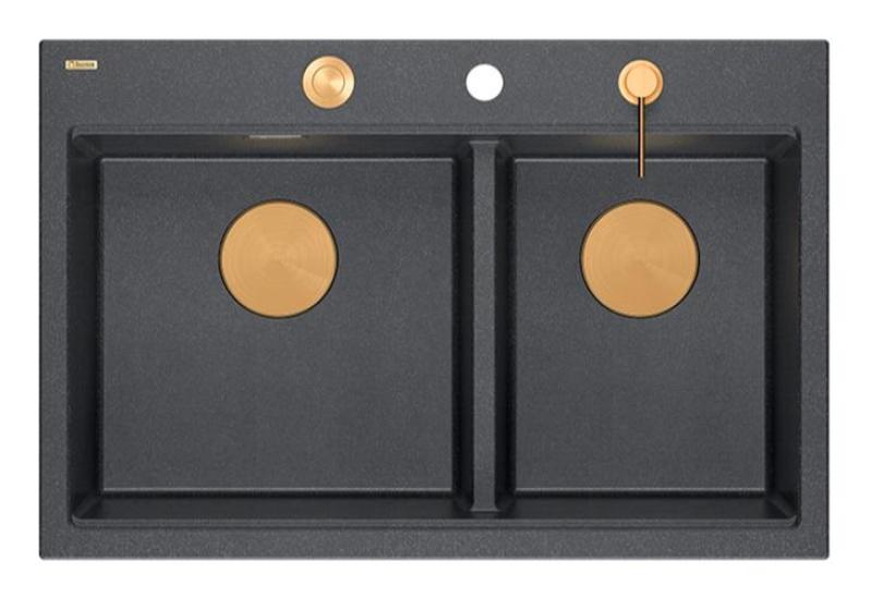 Quadri Hard Rock Double Anthracite Granite Built-in Sink 76x50 cm with Copper Plug and Accessories 1208971388