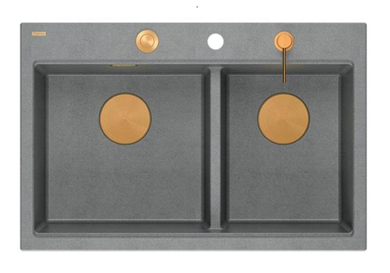 Quadri Hard Rock Double Gray Granite Build-up Sink 76x50 cm with Copper plug and accessories 1208971389
