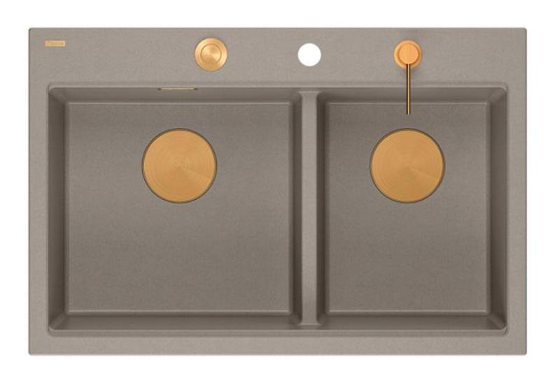 Quadri Hard Rock Double Taupe Granite Built-in Sink 76x50 cm with Copper Plug and Accessories 1208971391