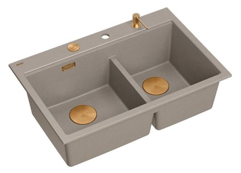 Quadri Hard Rock Double Taupe Granite Built-in Sink 76x50 cm with Copper Plug and Accessories 1208971391
