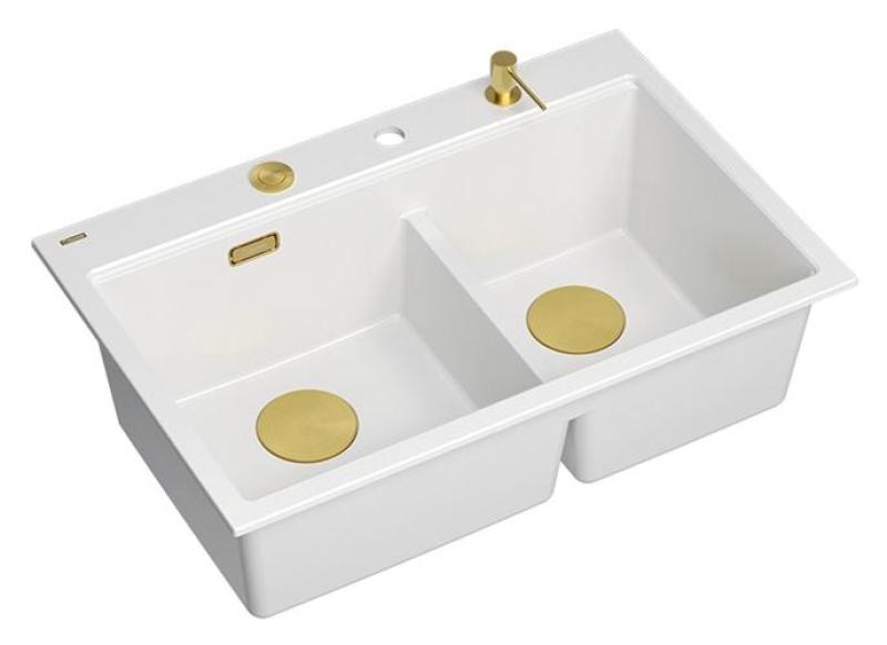 Quadri Hard Rock Double White Granite Built-in Sink 76x50 cm with Gold Plug and Accessories 1208971392