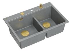 Quadri Hard Rock Kaksinkertainen Harmaa Graniitti Päällekkäinen Pesuallas 76x50 cm Kultaisella Tulppa ja Lisävarusteet 1208971394