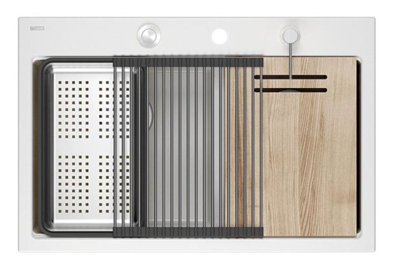 Quadri Hard Rock Double White Granite Built-in Sink 76x50 cm with Stainless Steel Plug and Accessories 1208971398