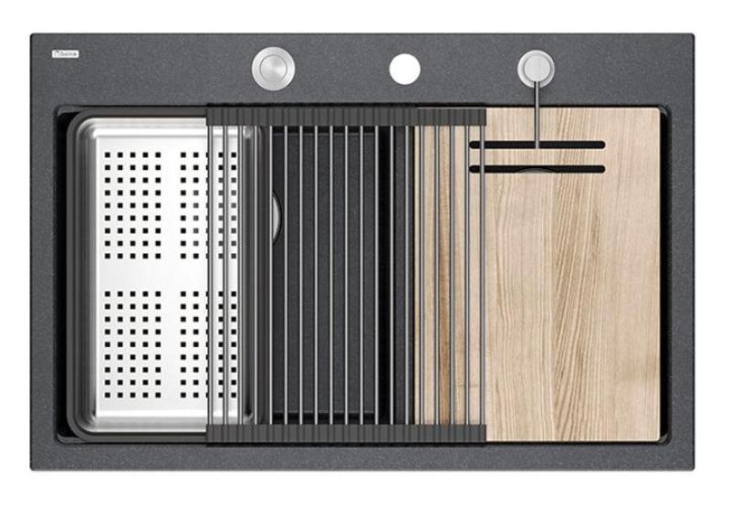 Quadri Hard Rock Double Anthracite Granite Built-in Sink 76x50 cm with Stainless Steel Plug and Accessories 1208971399