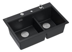 Quadri Hard Rock Kaksinkertainen Musta Graniitti Päällekkäinen Pesuallas 76x50 cm RST-tulpalla ja lisävarusteilla 1208971401