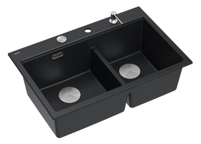 Quadri Hard Rock Double Black Granite Built-in Sink 76x50 cm with Stainless Steel Plug and Accessories 1208971401