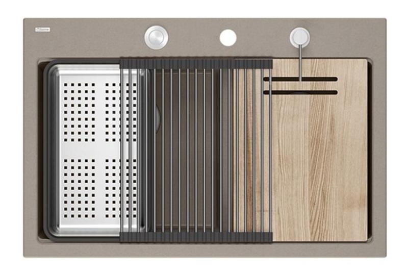 Quadri Hard Rock Double Taupe Granite Built-in Sink 76x50 cm with Stainless Steel Plug and Accessories 1208971402