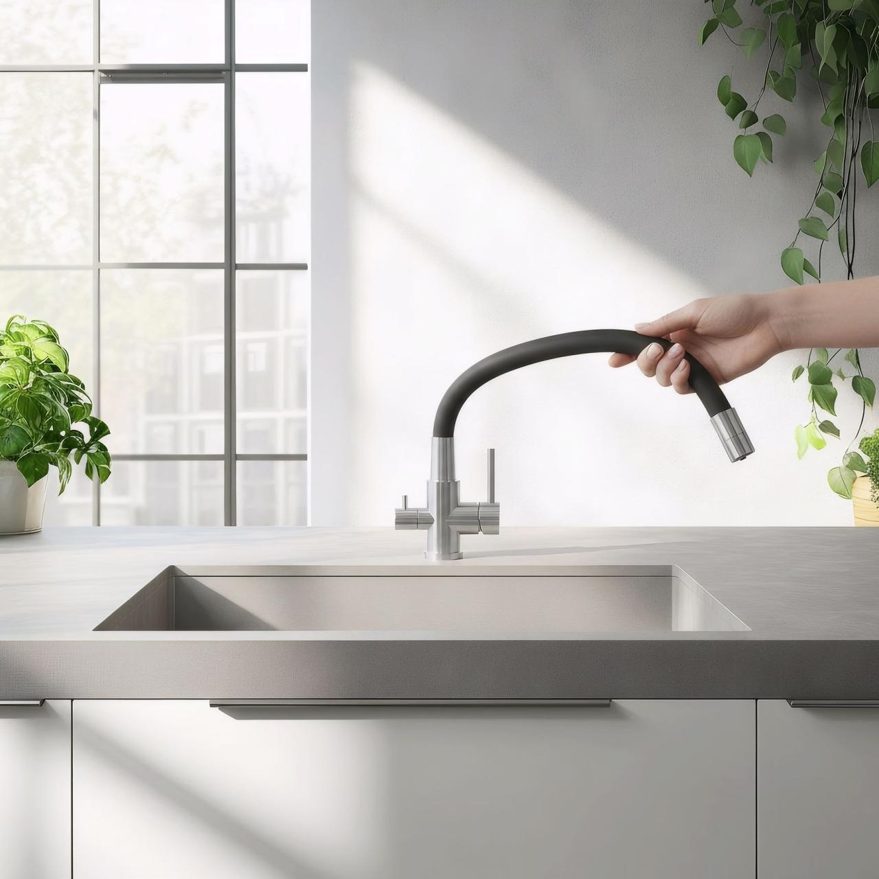 Quadri Selene Kitchen Mixer Tap Stainless Steel 3-way with flexible spout and extra connection for filtered water 1208971407 - Productafbeelding 2