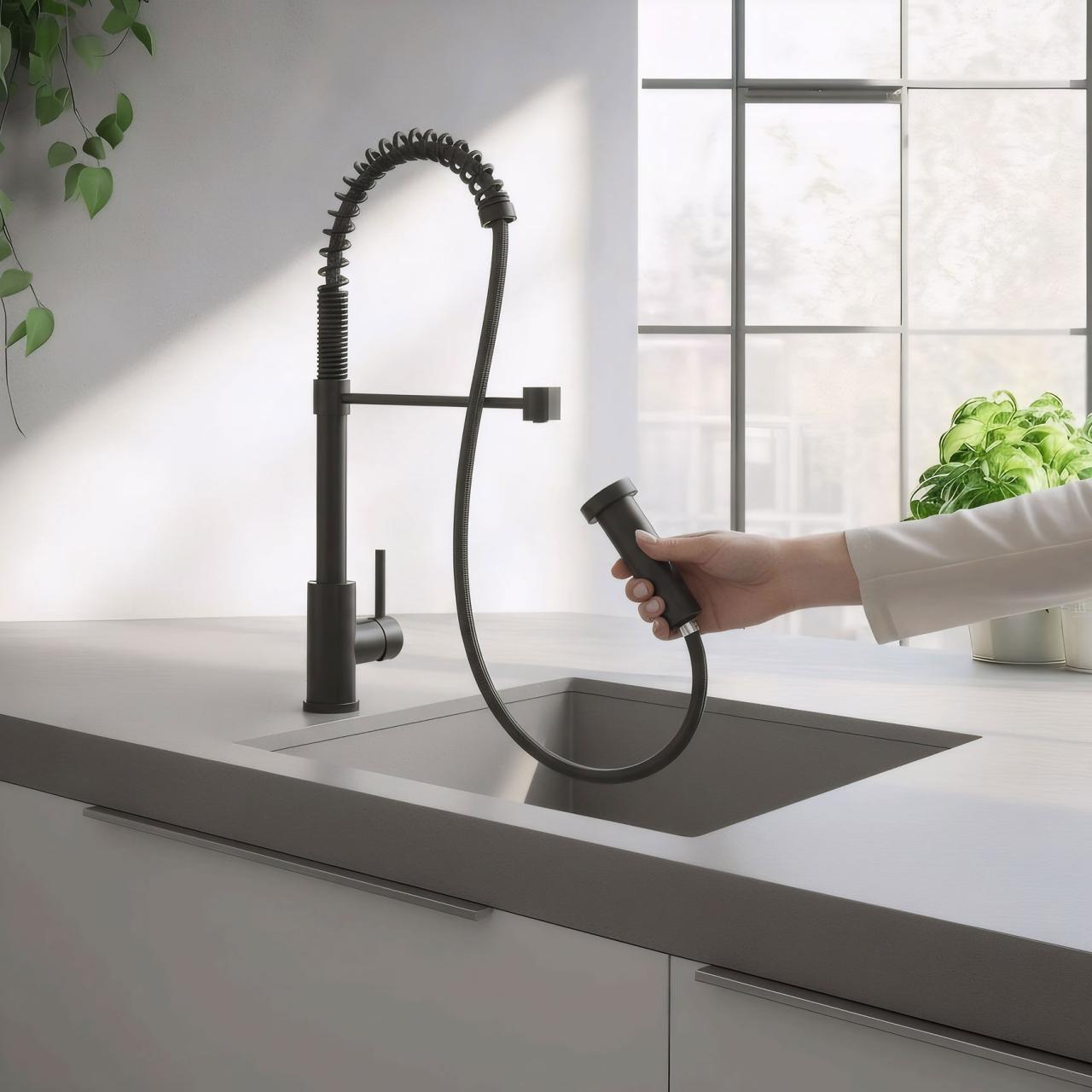Quadri Redwick kitchen mixer tap in black with semi-flexible spout and shower with 2 jet types plus water stop function 1208971410 - Productafbeelding 2