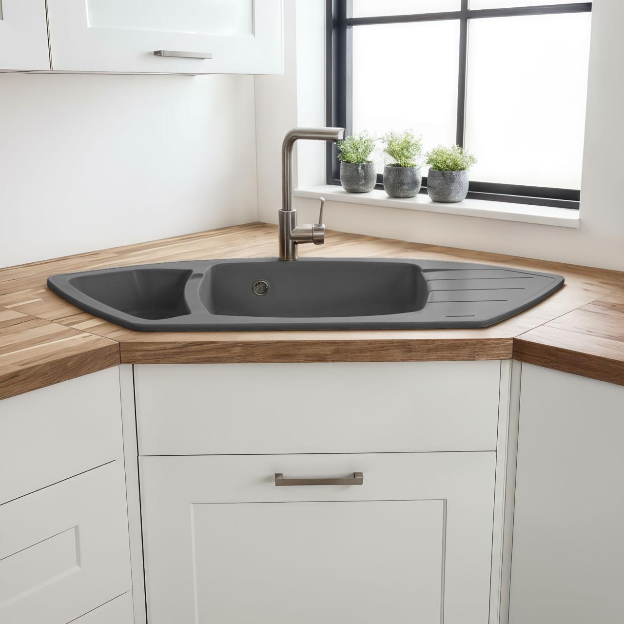 Graniteland Monte Graniitti harmaa Kulma-allas päälle asennettava 901x538mm, RVS Tulpalla 1208971416 - Productafbeelding 2