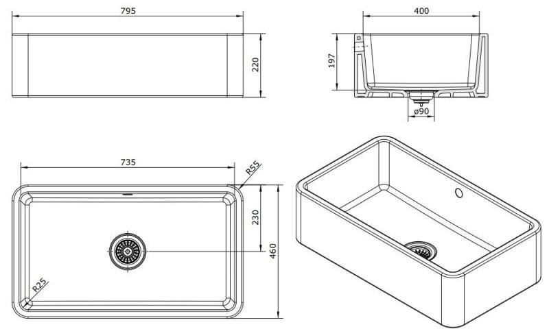 Ausmann Ceramic Mira Ceramic White Sink - Undermount and Intermediate 795 x 460 mm with Black Plug 1208971469