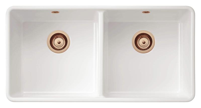 Ausmann Ceramic Mira Ceramic White Double Sink - Undermount and Intermediate 890 x 456 mm with Copper Plugs 1208971472