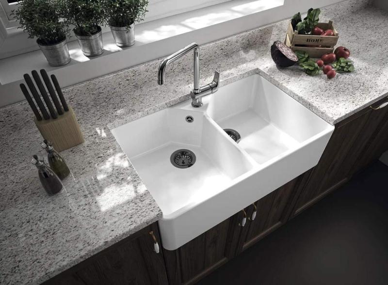 Ausmann Ceramic Mira Ceramic White Double Sink - Undermount and Intermediate Construction 793 x 450 mm with faucet hole bench and Gun metal plug 1208971478