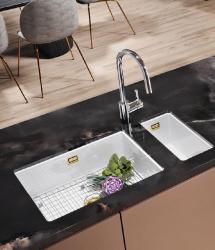 Ausmann Ceramic Ember Keramiikka Valkoinen puolikas Upotettava ja Alapuolinen tiskiallas 174 x 400 mm kultaisella tulppalla 1208971501