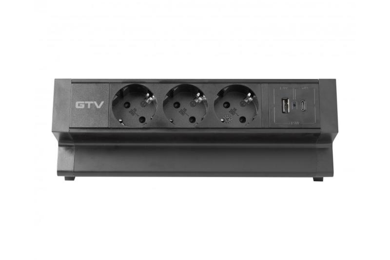 Huonekalupistorasia BASCO, 3xSCHUKO, USB A+C, kaapeli 1,5 m, musta