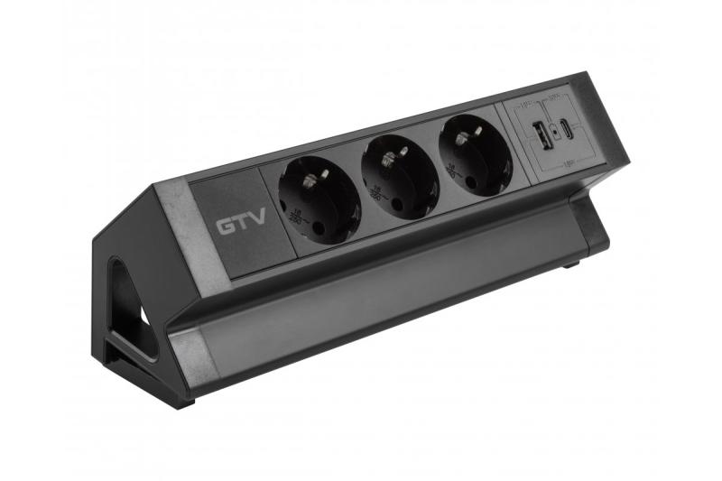 Huonekalupistorasia BASCO, 3xSCHUKO, USB A+C, kaapeli 1,5 m, musta