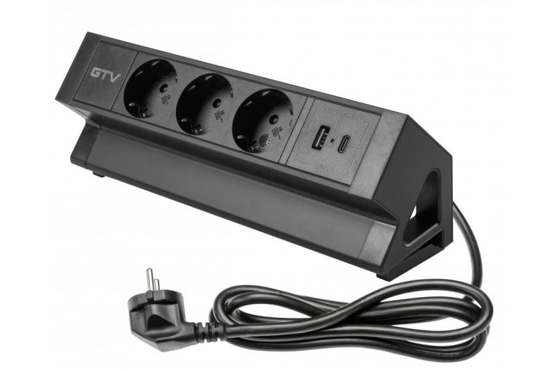 Huonekalupistorasia BASCO, 3xSCHUKO, USB A+C, kaapeli 1,5 m, musta