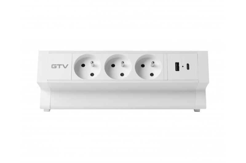 Basco huonekalupistorasia, 3 x maadoitettu pistorasia, USB A+C, 1,5 m kaapeli, valkoinen asennuksella