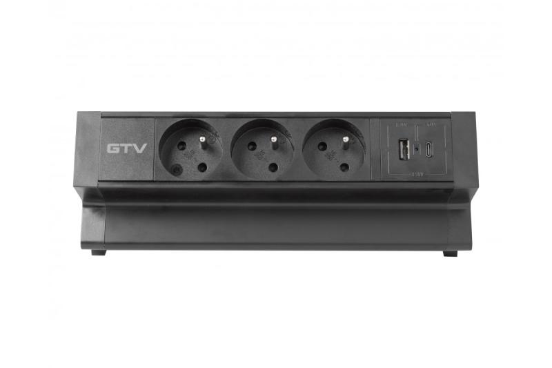 Basco huonekalupistorasia, 3 x maadoitettu pistorasia, USB A+C, 1,5 m kaapeli, musta, asennettavissa