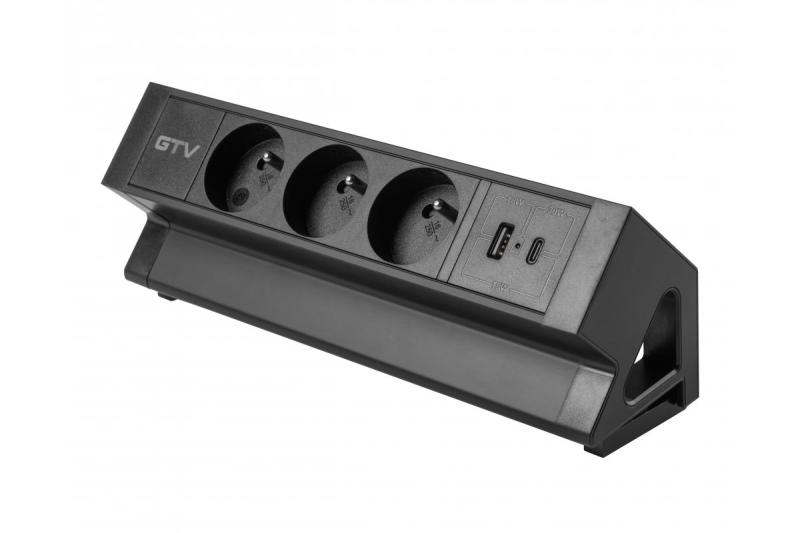 Basco huonekalupistorasia, 3 x maadoitettu pistorasia, USB A+C, 1,5 m kaapeli, musta, asennettavissa