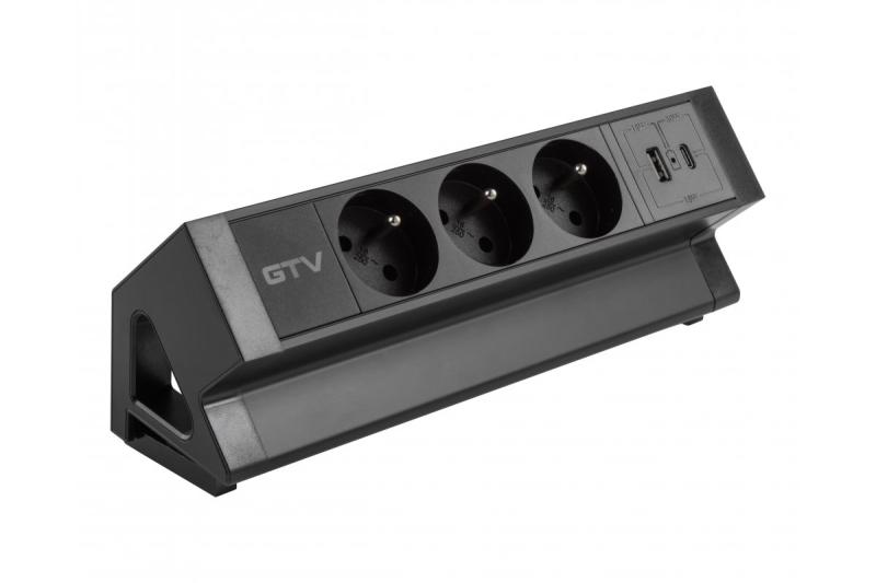 Basco huonekalupistorasia, 3 x maadoitettu pistorasia, USB A+C, 1,5 m kaapeli, musta, asennettavissa