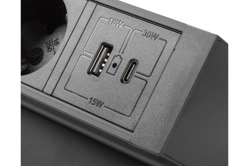 Basco huonekalupistorasia, 3 x maadoitettu pistorasia, USB A+C, 1,5 m kaapeli, musta, asennettavissa