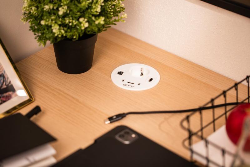 Huonekalu pistorasia RONDO, 1xSCHUKO, 1xUSB-A, 2xUSB-C, HDMI, RJ45 kaapeli 1,5 m, valkoinen