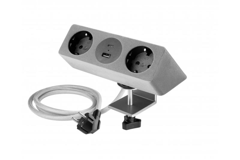 Huonekalupistorasia SOFITO, 2xSCHUKO, USB A+C, kaapeli 1,5 m, harmaa flokki