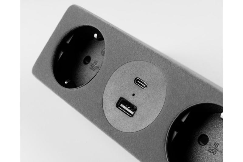 Huonekalupistorasia SOFITO, 2xSCHUKO, USB A+C, kaapeli 1,5 m, harmaa flokki