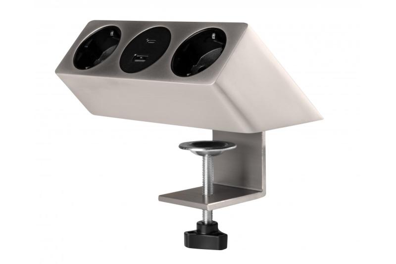 Huonekalupistorasia SOFITO, 2xSCHUKO, USB A+C, kaapeli 1,5 m, ruostumaton teräs