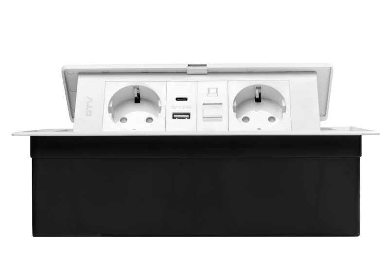 Huonekalupistorasia MULTISOFT, 2xSHUKO, USB A+C, RJ45, kaapeli 1,5 m, valkoinen