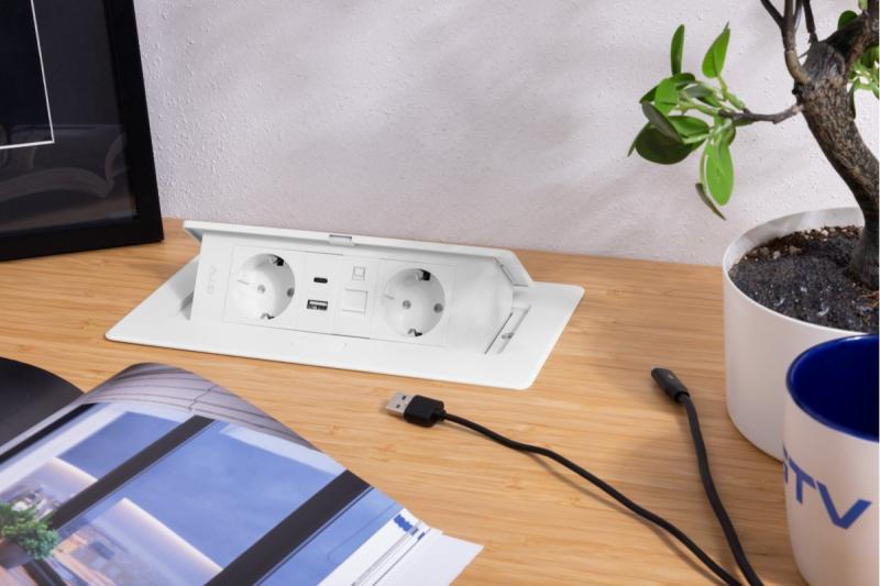 Huonekalupistorasia MULTISOFT, 2xSHUKO, USB A+C, RJ45, kaapeli 1,5 m, valkoinen