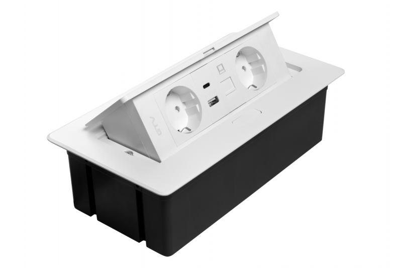 Huonekalupistorasia MULTISOFT, 2xSHUKO, USB A+C, RJ45, kaapeli 1,5 m, valkoinen
